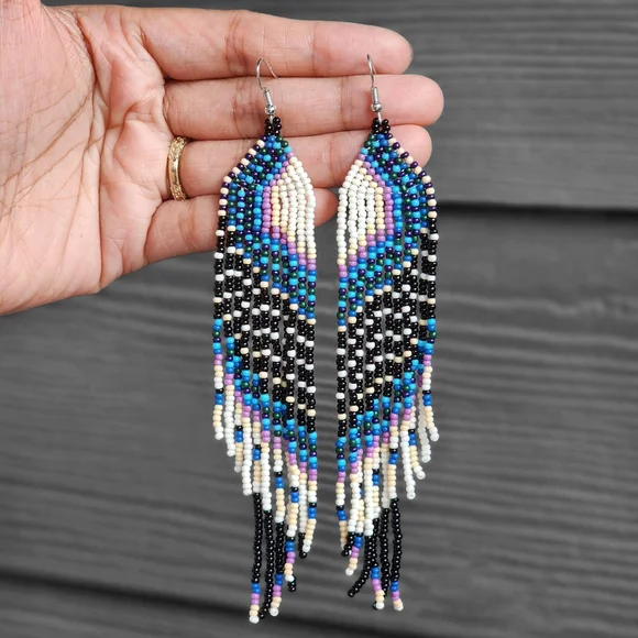Retro Dot Boho Beaded Earrings Fringe Handmade Jewelry Blue5.5-inch - Picture 1 of 2